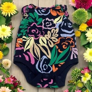 Baby Gap Navy and Multicolor Floral Printed Ruffle Button One Piece Size 6-12mo